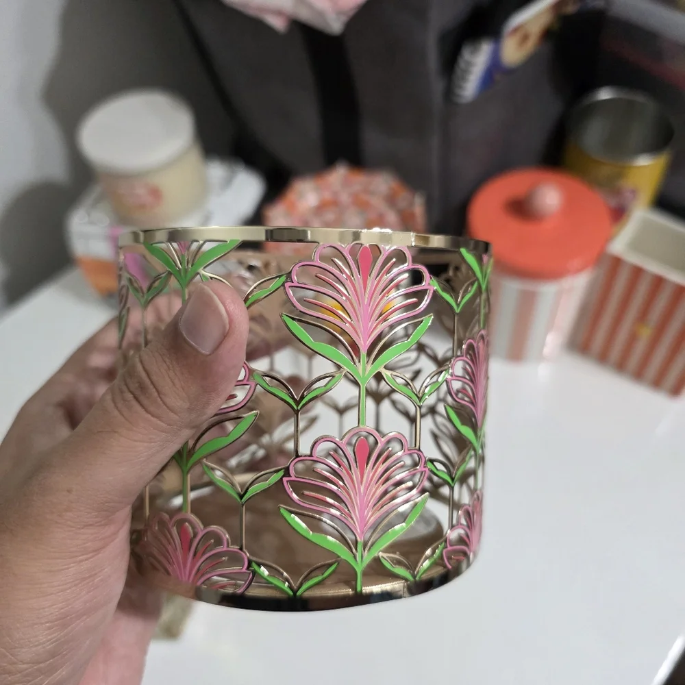 Bath & Body Works Pink Lotus Flower & Green Leaf Metal 3 Wick Candle Holder NEW